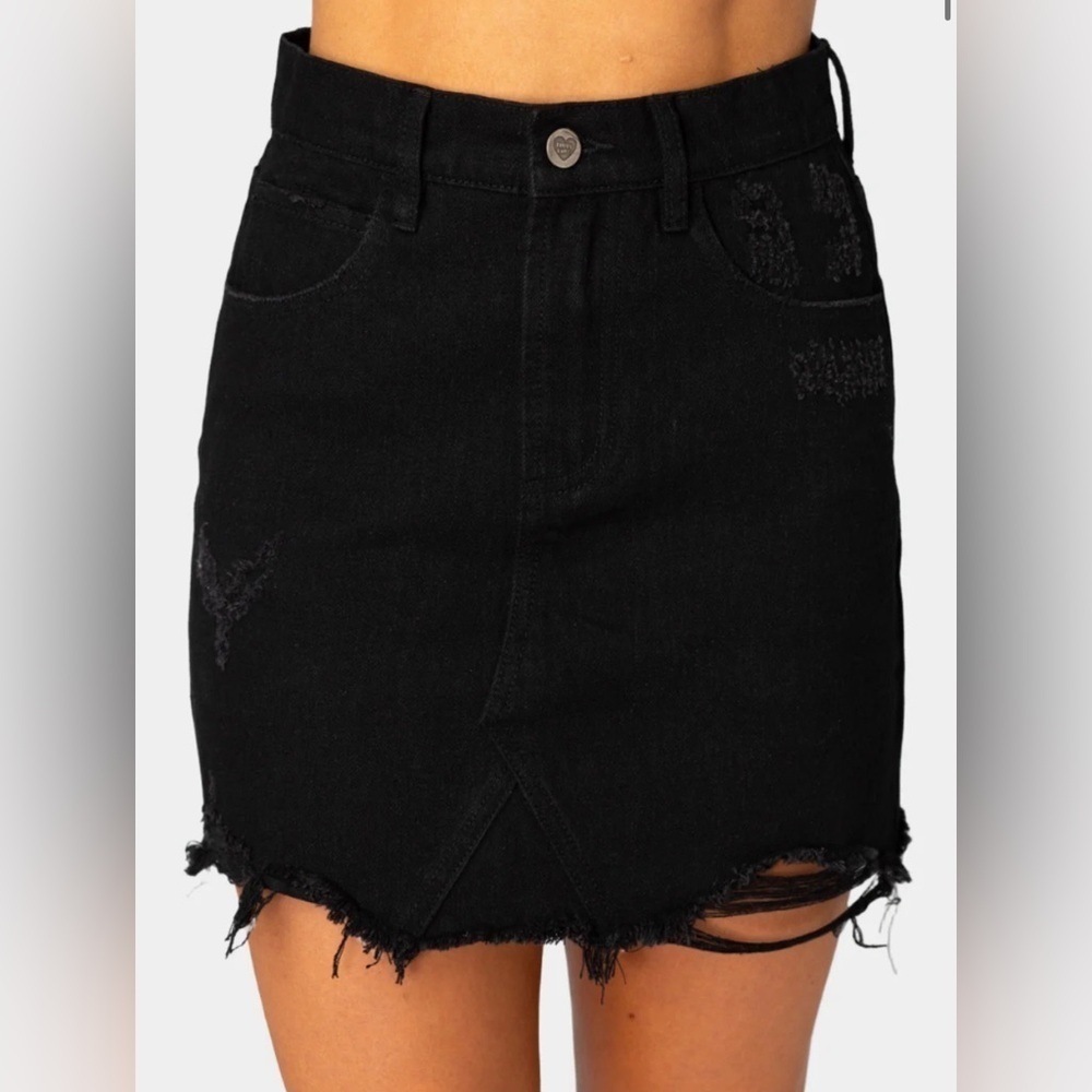 Black Distressed Frayed Denim 5 Pocket Mini Skirt Buddy Love Grunge Streetwear